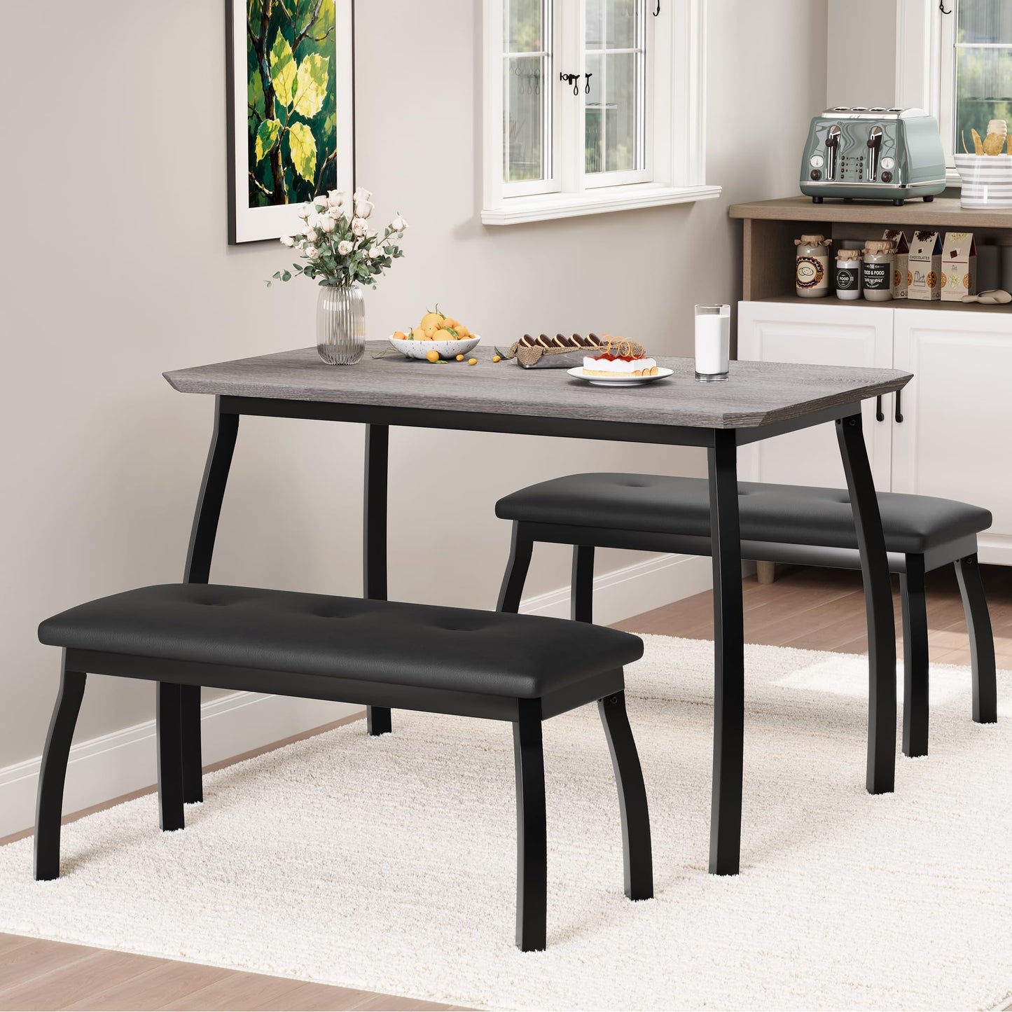 Garvee Dining Table for 4, 3-Piece Kitchen Table Set with Wooden Tabletop and Metal Frame, Industrial Retro Kitchen Table with 2 PU Leather Benches for Bar, Dining Room, Restaurant- Grey
