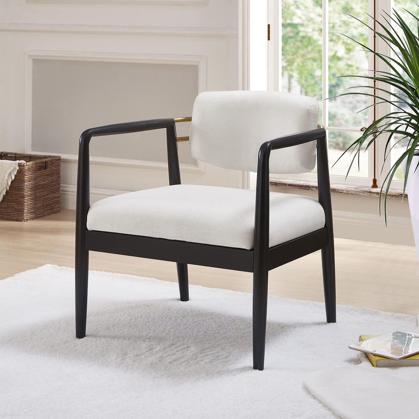 Ball & Cast Modern Accent Chair Upholstered Club Chair Comfy Side Armchair with Wooden Frame, Ivory