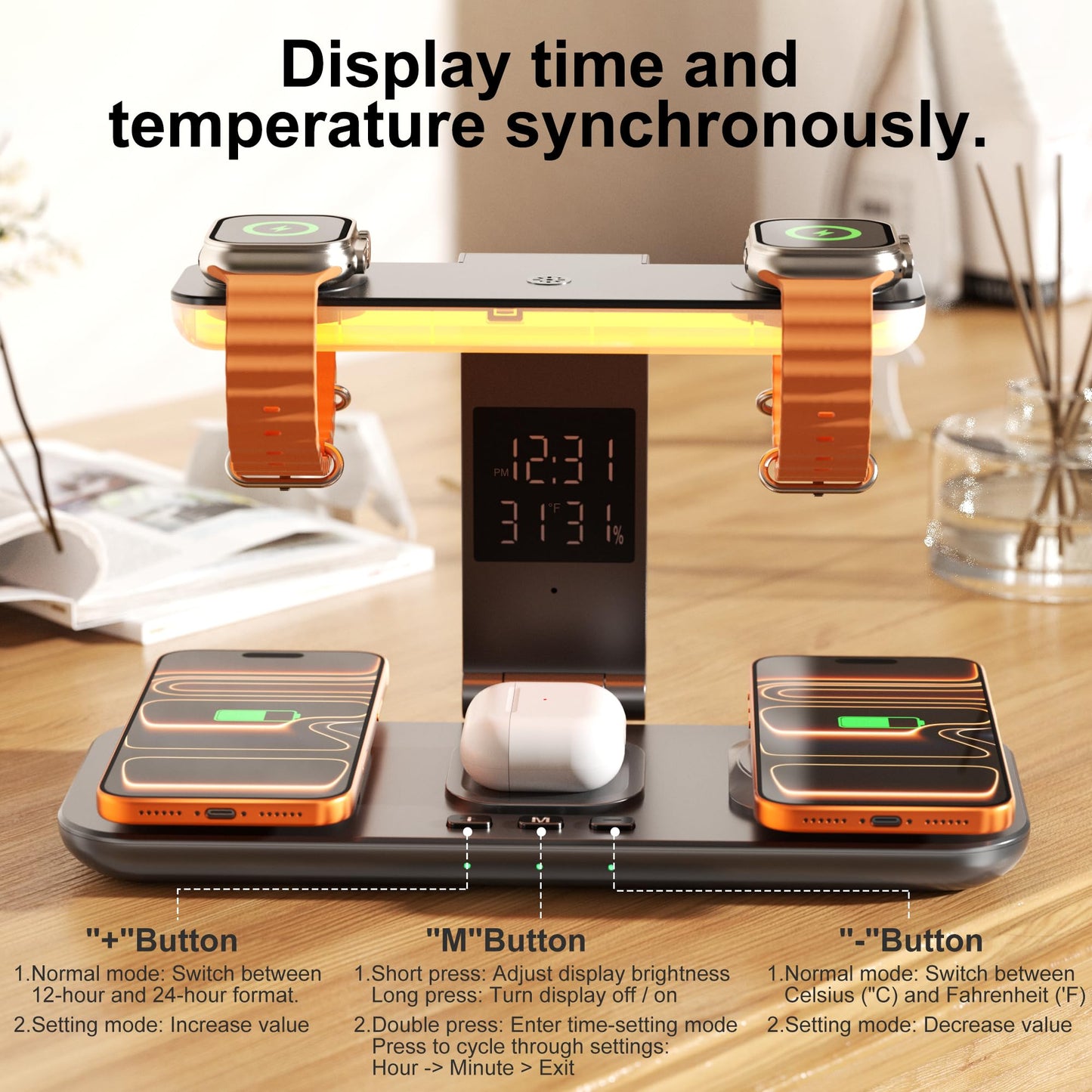7-in-1 Wireless Dual Phone Charging Station for Apple, Dual Magsafe Charger for iPhone 17-12 Series, for Dual Apple Watch Charger for iWatch, with Air Pods Charger, Night Light & Clock