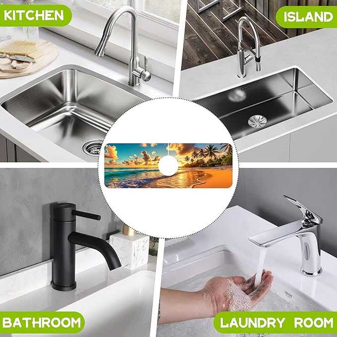 Sunset Beach Waves Palm Trees Kitchen Sink Splash Guard Faucet Mat Super