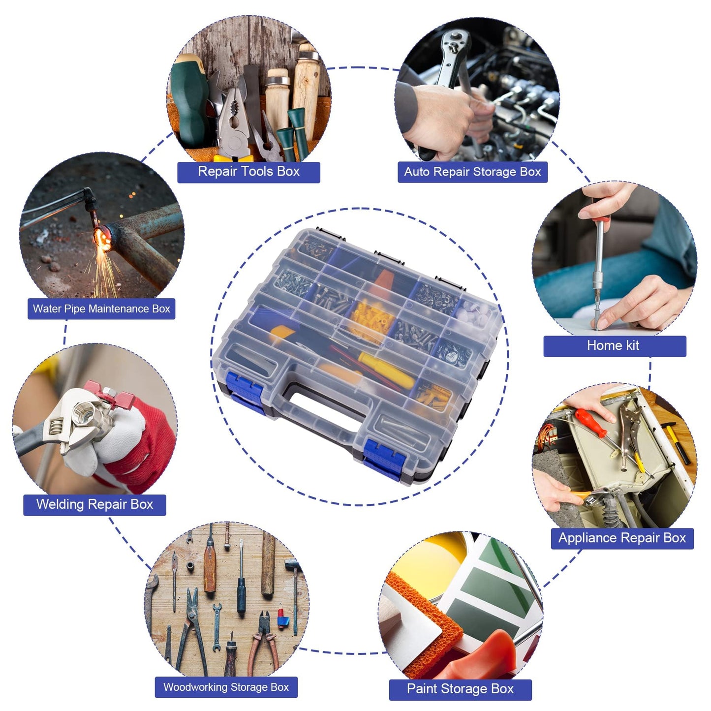 Hardware Organizer Box with 34 Compartments & Removable Dividers - Durable Plastic Double Side Tools Box for Nuts, Bolts, Screws, Nails & Small Hardware (Blue)
