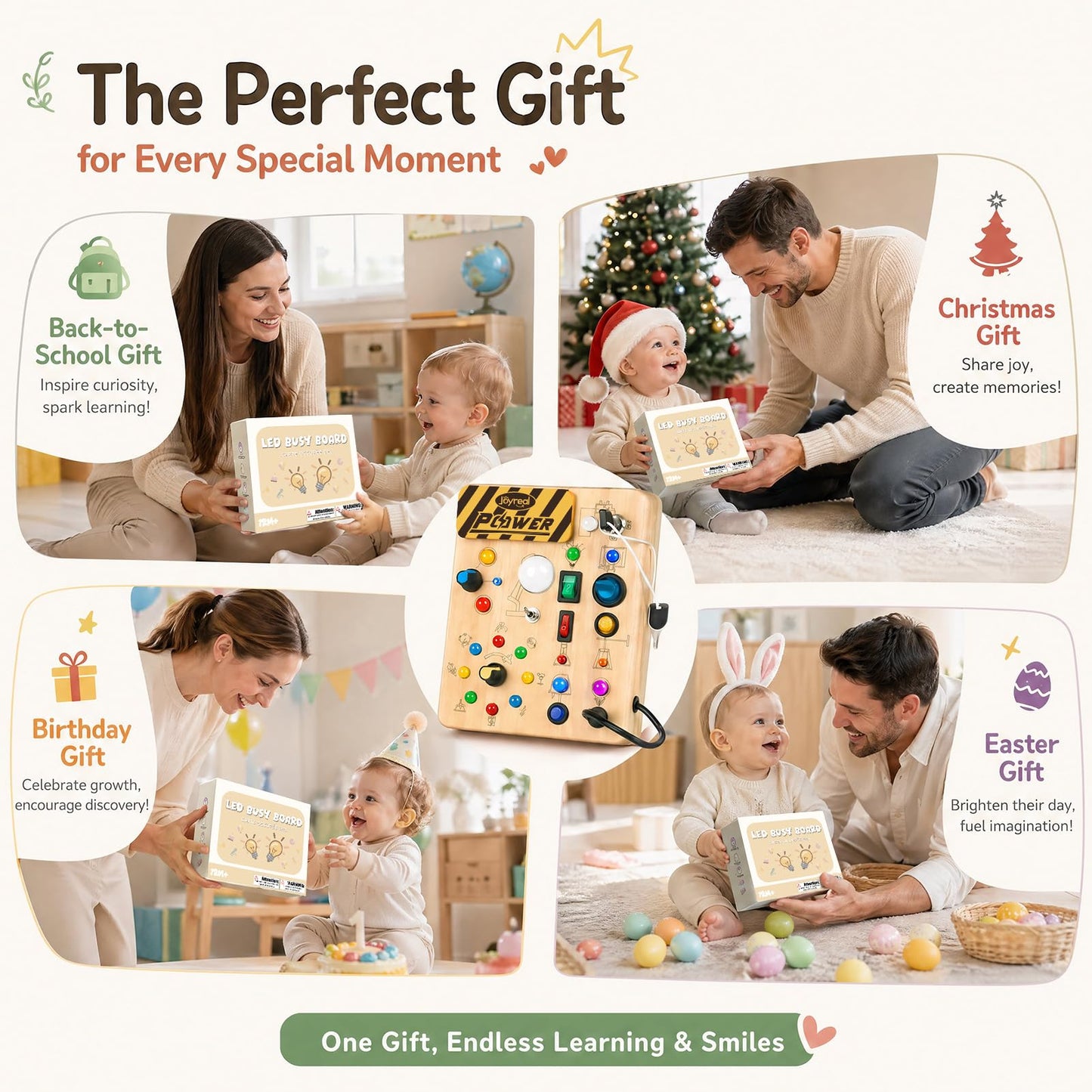 Joyreal Busy Board for Toddlers 1-3 - Montessori Toys for 1 2 3 Year Old, Wooden Sensory Activity Board with 10 Switches&19 Lights, Ideal Educational Travel Toy Gift for 1+ Year Old Boy&Girl Birthday