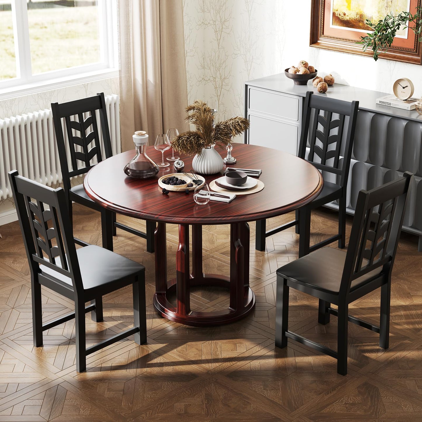 Giantex Wooden Dining Chairs Set of 2, Kitchen Chairs w/Rubber Wood Frame & Leaf-Shaped High Back, Max Load 400 LBS, Farmhouse Armless Dinette Side Chairs for Living Dining Room Restaurant, Black