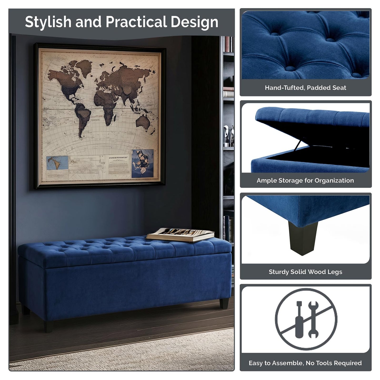 Madison Park 49" Upholstered Storage Bench, Button Tufted End of Bed Bench with Storage, Dual Spring Soft-Close Lid, Bedroom Bench for Queen King Bed, Entryway Living Room, Navy
