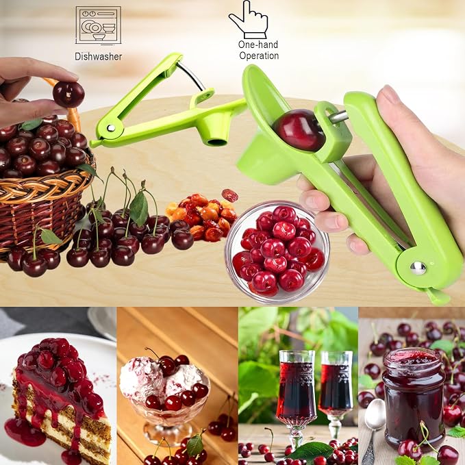 Cherry Pitter Tool, Heavy-Duty Stainless Steel Pitting Tool, Portable Cherries Corer Stoner Seed Tool with Lock Design, Fruit Pit Remover for Cherry Jam (Green)