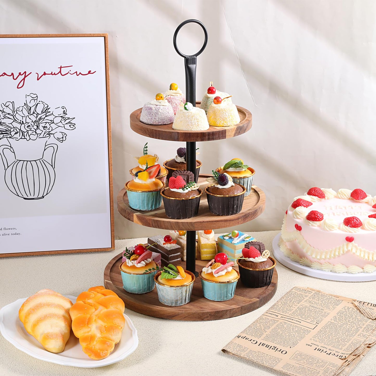 3 Tier Cupcake Stand, Round Wooden Cupcake Display Stand with Metal Handle, Wood Tiered Serving Tray Cupcakes Tower, Rustic Dessert Table Display Holder, for Wedding Tea Party Decor