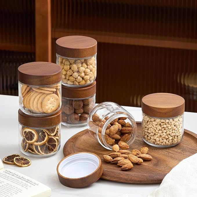 Danmu 12 oz Overnight Oats Containers with Lids,Glass Jars with Lids 6 Pack | Wooden Lid,Mason Jars 12 oz with Lids,Meal Prep,Yogurt,Leak-proof,Dishwasher Safe(remove lids),Fridge Safe,Portable