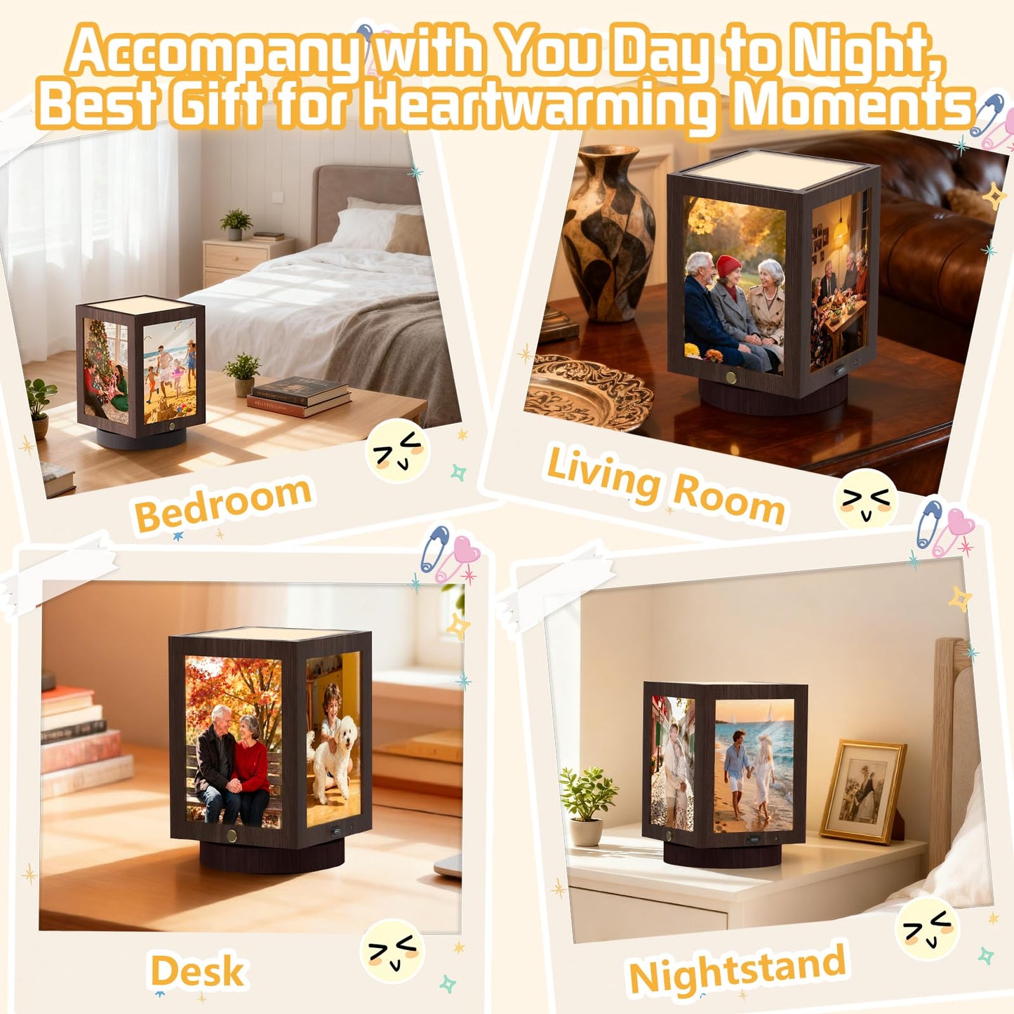 Mixoo 4x6 Picture Frame Light, Vintage Rotating Photo Frame Tabletop Lamp, Touch Desk Lamp for Bedroom Bedside, Table lamps for Office Family Retirement Anniversary Birthday Gifts (Wooden Brown)