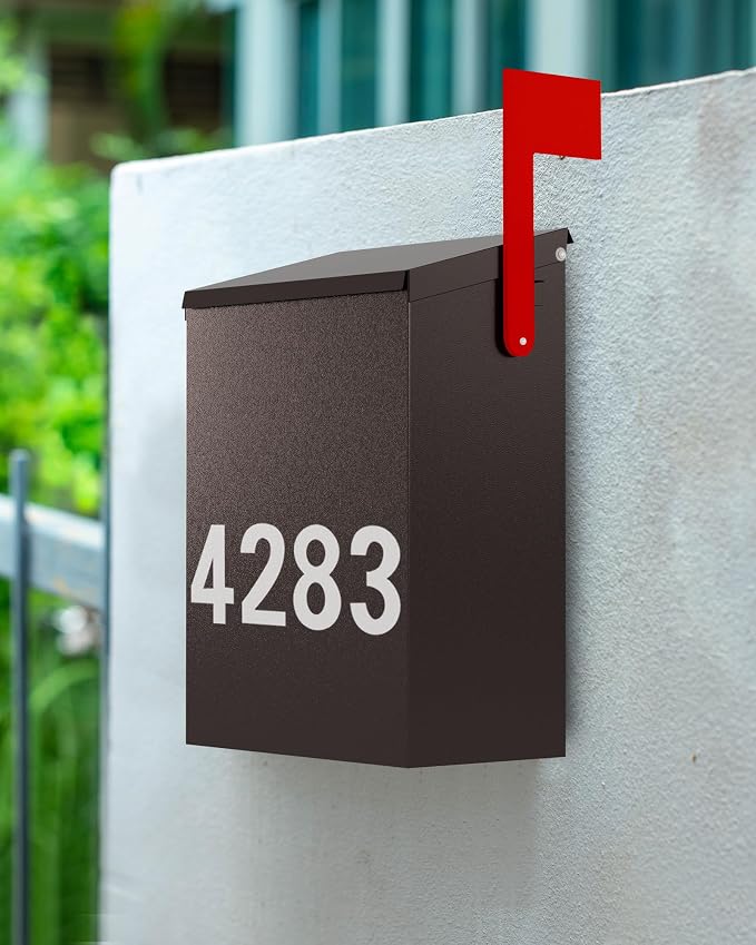 LAND·VOI Wall-Mount Mailbox with One Flag Kit and Three Sets of 0-9 Mailbox Number Stickers, Mailboxes for Outside, Galvanized Steel Rust-Proof Metal Post Box, 7.1"x3.9"x10.24", Textured Bronze AMB05R