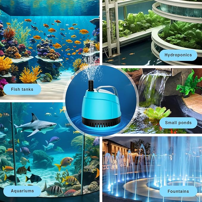 450GPH Submersible Water Pump Ultra Quiet (1700L/H, 25W),Bottom Suction Pond Pump with 3 Nozzles,6.5ft Lift,6ft Power Cord,Adjustable Flow for Aquarium,Fish Tank,Outdoor Fountain,Hydroponics