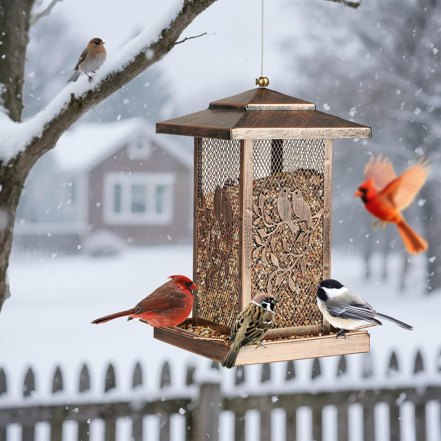 LBTING Bird Feeder for Outside, Metal Lantern-Shaped Bird Feeder, Wild Bird Feeders for Hanging Outdoor Garden Yard, Birds Pattern