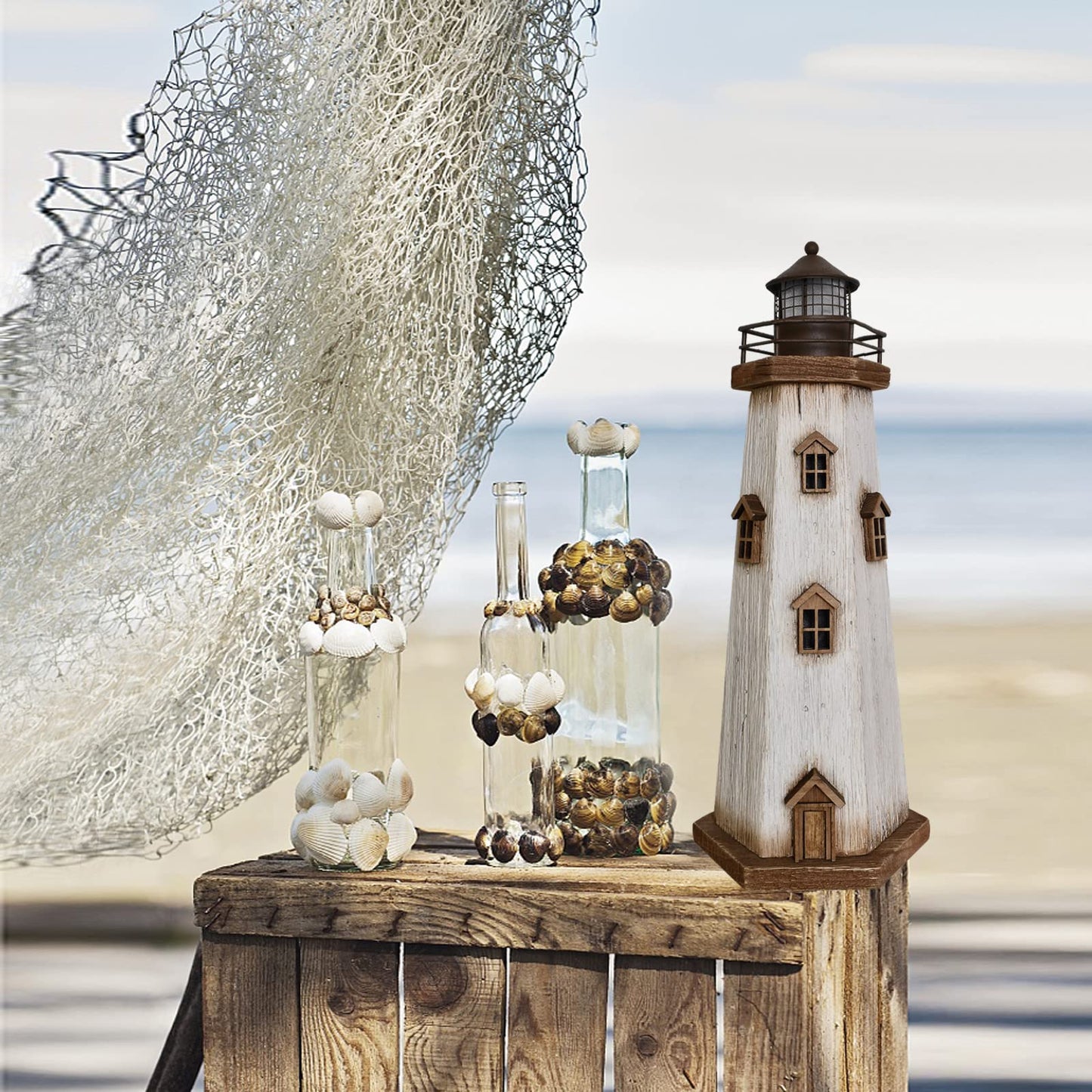Morning View Lighthouse Decor Nautical Decoration Lighted Wood Light House Figurine Beach House Coastal Decor Table Ocean Seaside Theme Home Decor Lake House Bathroom Shelf Centerpiece 16" (White)