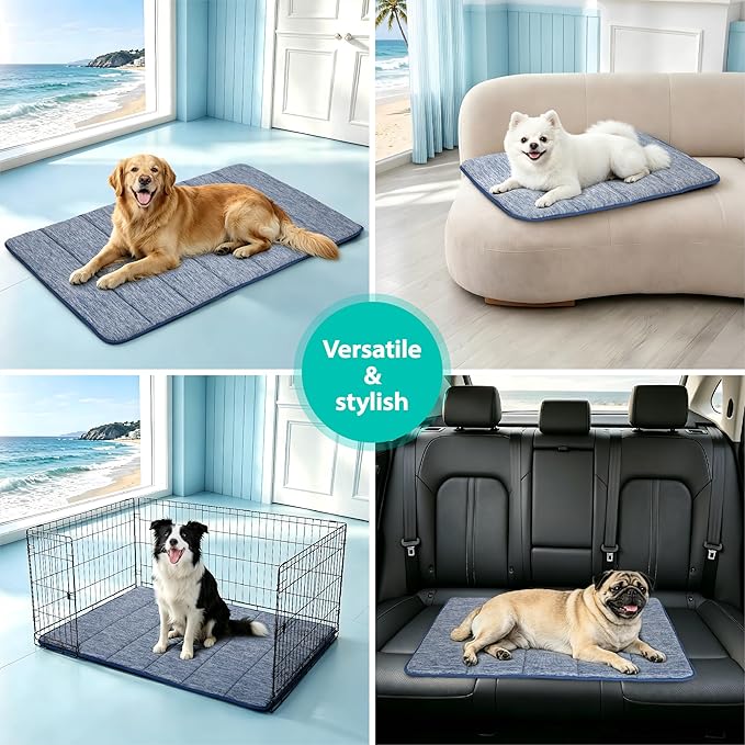 Cooling Dog Mat Q-Max>0.5 - Rapid Cooling Tech, Thin Breathable Crate Pad, Portable Washable Summer Mat, Chill Soothing Fabric - 30"x20" Medium Dog, Wander Blue