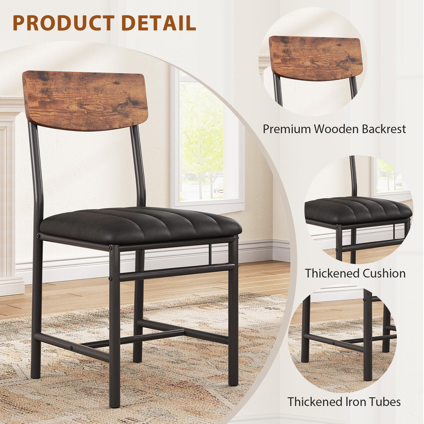 Jocoevol Industrial Dining Chairs Set of 4 - Upholstered Dining Room Chairs with PU Leather, Kitchen Chairs with Wooden Backrest and Thickened Metal Legs, for Dining Room, Living Room(Rustic Brown)