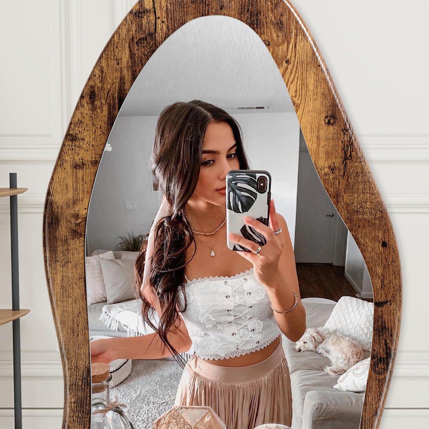 FEUFOAM Full Length Mirror 59" x 24" Irregular Wall Mirrors Wood Framed Full Body Mirror Hanging or Leaning Against Wavy Floor Mirrors for Living Room Bedroom Entryway Bathroom Retro Brown