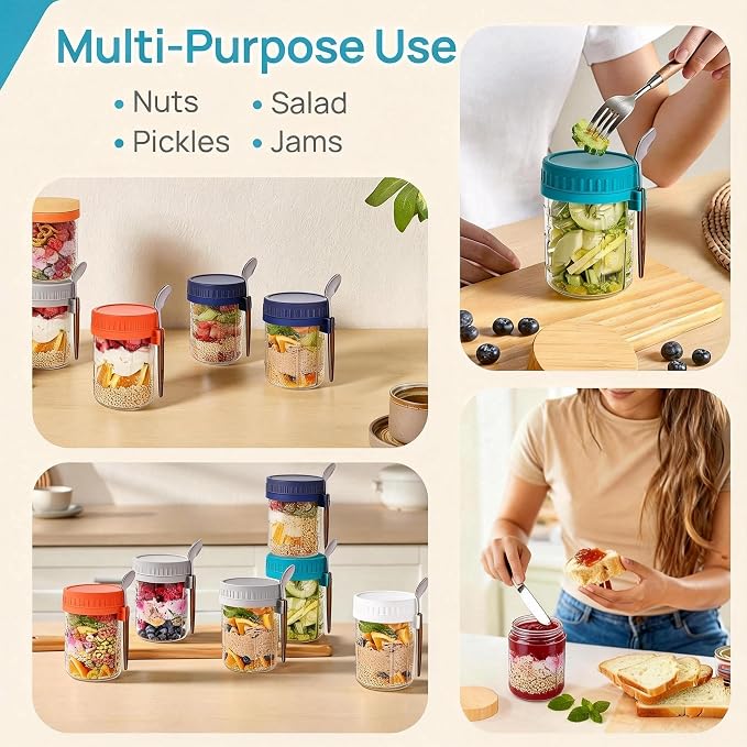 6 Pack Overnight Oats Containers with Lids and Spoons, 16 OZ Glass Oatmeal Container With Measurement Marks for Chia Pudding, Yogurt, Breakfast, Airtight Leak Proof, Clear