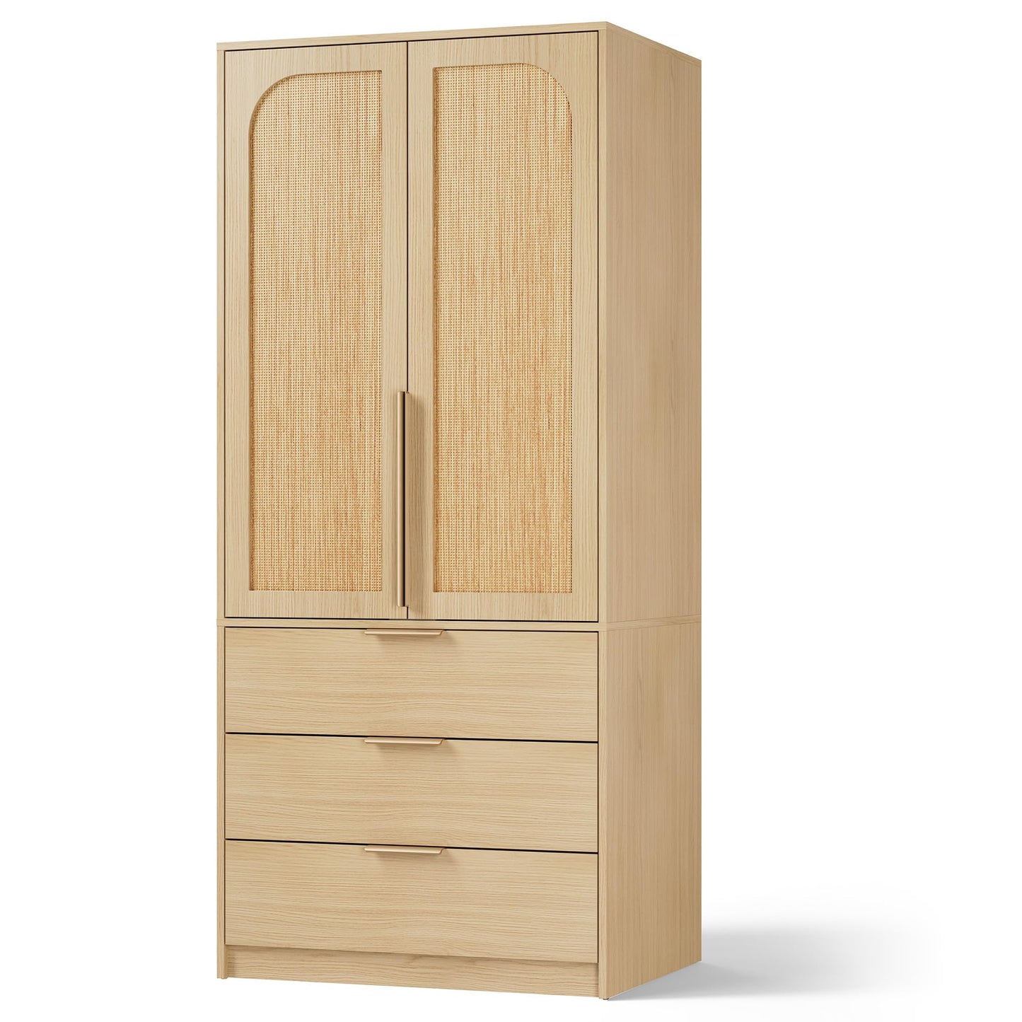 GarveeHome Armoire Wardrobe Closet, 69.5 in Wooden Wardrobe Cabinet with 3 Drawers, Hanging Rod, 2 Doors Clothing Storage Cabinet for Bedroom, Large Capacity Storage, Rattan Door, Natural