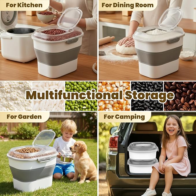 20-50Lbs Rice Container,Collapsible Food Storage Containers with Clear Airtight Lid,Wheels,Date Track,Rice Storage Container with 2PCS Containers and Scoop for Flour Sugar Cereal Grain Dog Cat