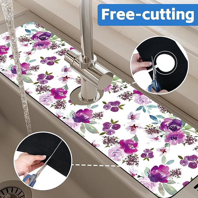 Watercolor Purple Flowers Faucet Absorbing Mat Splash Guard Draining Mat Fast
