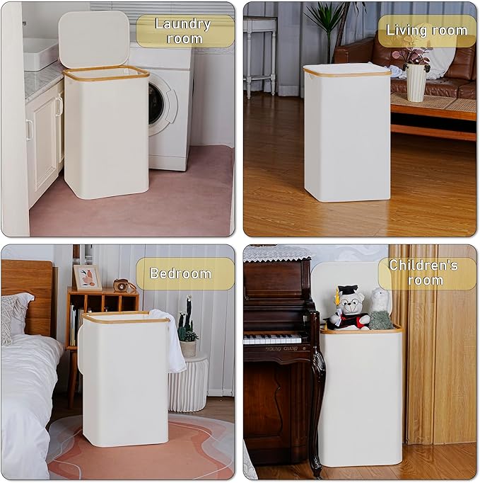 100L Laundry Hamper with Lid, Lagre Basket with Bamboo Handles, Foldable