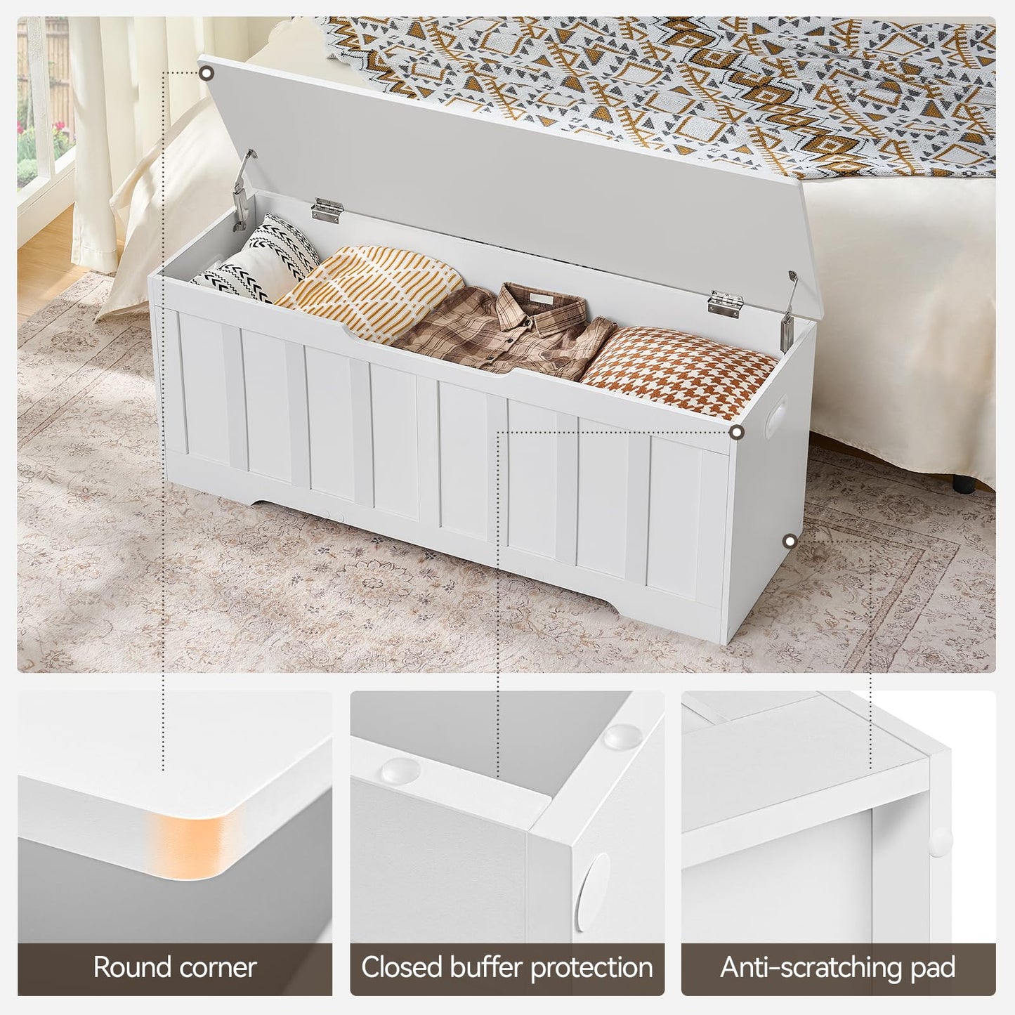 VANKILEY 47.2" Storage Chest Extra Large,Storage Trunk with 2 Safety Hinges,Wooden Storage Bench,Shoe Bench,47.2x15.7x19.1 Inch,Easy Assembly,Storage Bench for Bedroom,Living Room,entryway(White).