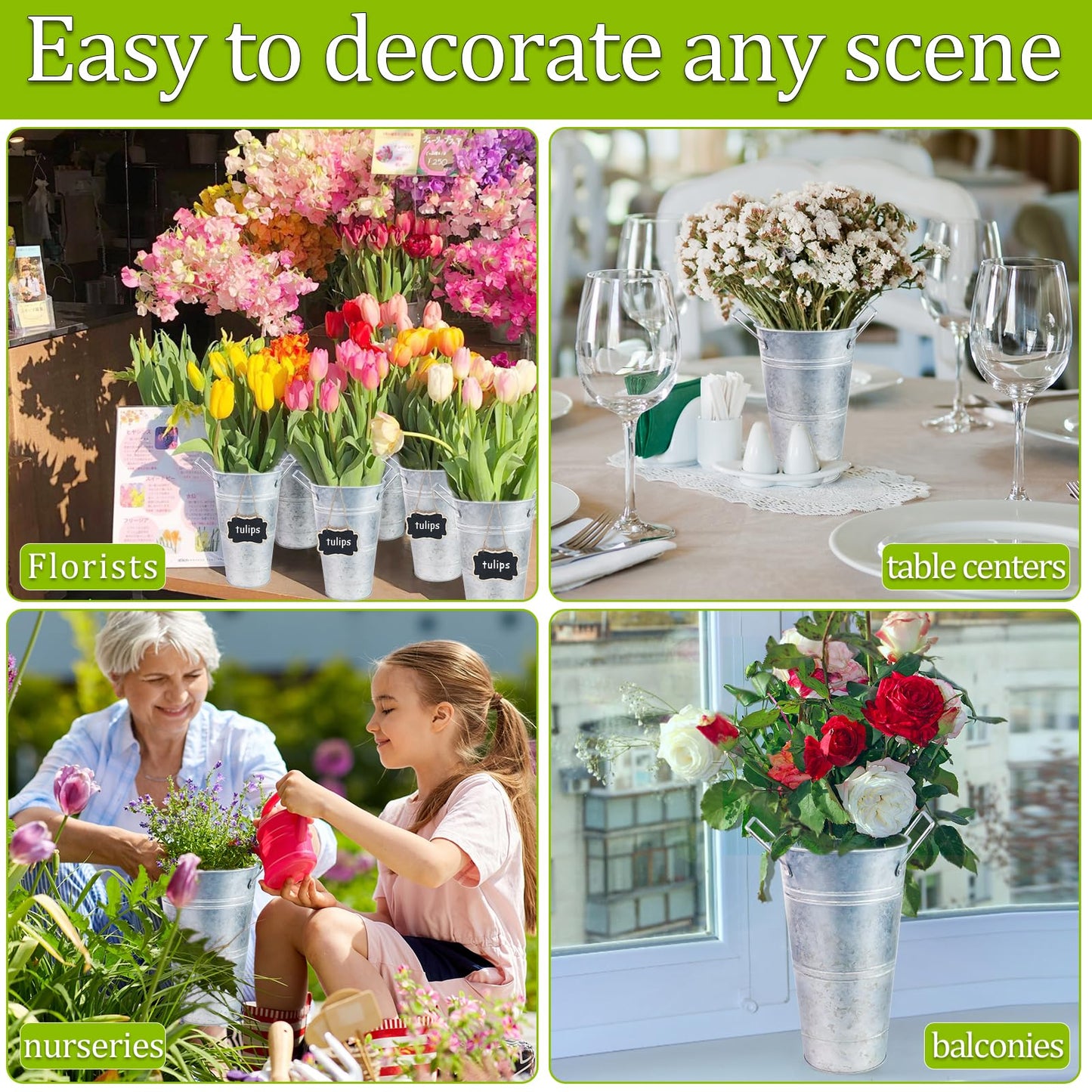8Set Galvanized 10 Inch Metal Vases for Flowers, Rustic Flower Bucket Vases with Small Chalkboard Label, Metal Vase with Handle Flower Bar Supplies for Home Garden Wedding Cut Flowers Sparkler Holder
