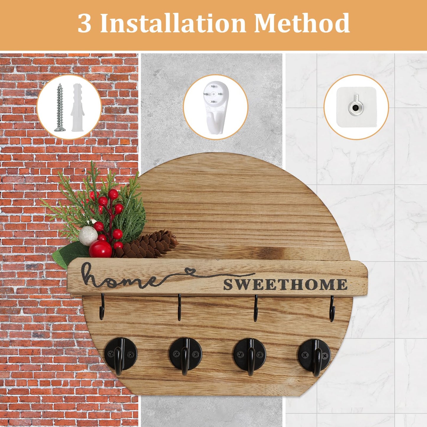 LEIRUOTM Key Holder for Wall, Key and Mail Holder Organizer - Key Holder Wall Mount with Bouquet Shelf and Key Hooks, Round Wooden Rustic Key Rack for Entryway and Home Decor (Wood)