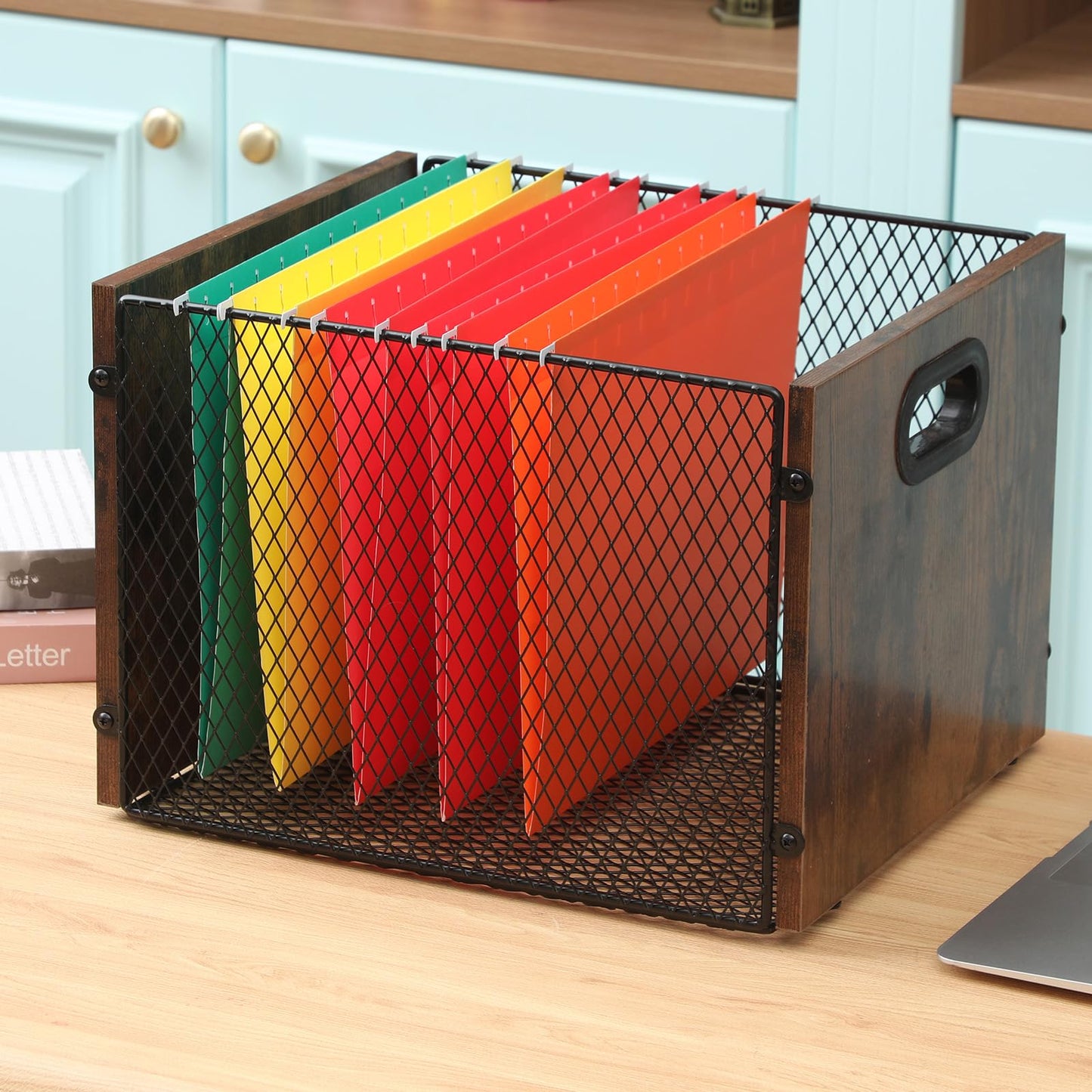 Yalikop Rustic Brown Wood File Box Organizer, Hanging Folder Storage Boxes, Filing Crate Bin Holder with Handle for Home Office Desk, Letter Size