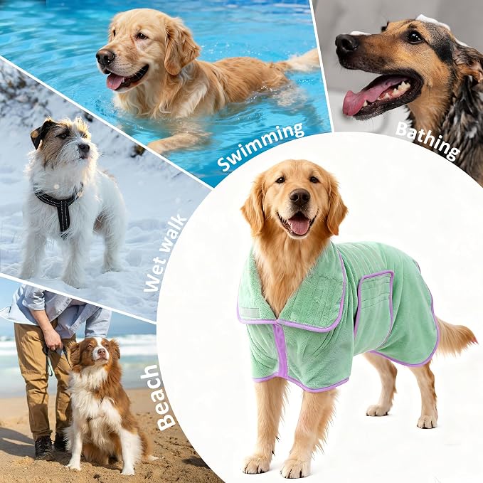 Soft Dog Bathrobe Fast Drying Dog Coat, Super Absorbent Dog Towels for After Bath, Microfiber Pet Robe Adjustable Collar & Belly Warm Keeping Dogs Coat for Pet Dogs & Cats (Green, 3X-Large)