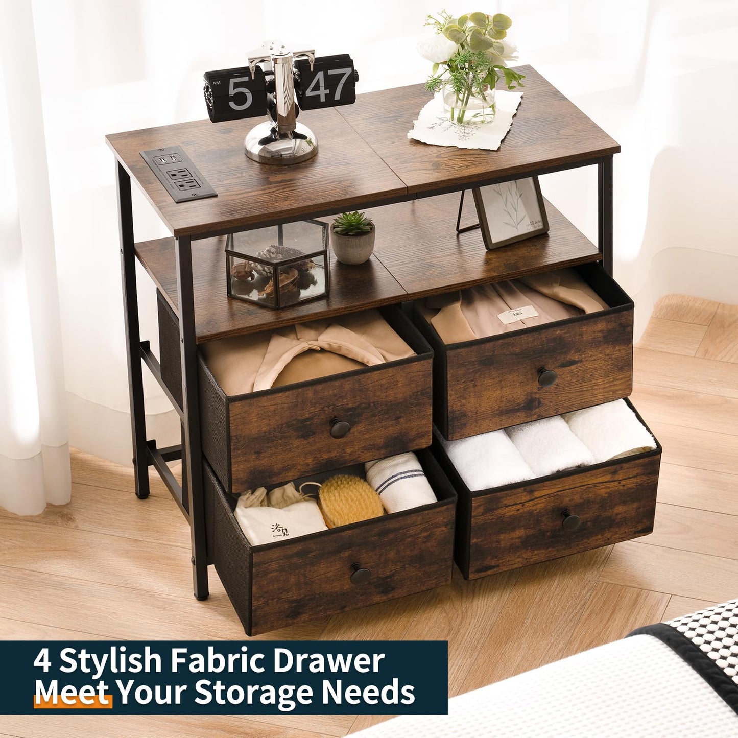 Yoobure Night Stand with Charge Station, Nightstand with 4 Drawers Bedside Table, LED Dresser with Storage Shelf, Night Stands for Bedroom, Side Table 3-Tier Wood End Table for Home Rustic Brown