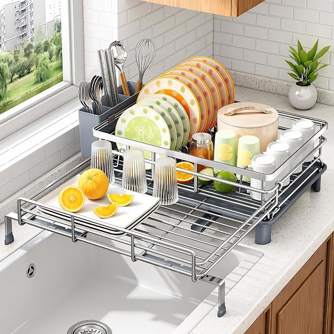 Expandable Dish Drying Rack for Kitchen Counter, Stainless Steel, Silver | Foldable Over Sink, Large Capacity, Rusrproof, Adjustable for Most Sinks, Self-Draining, Removable Utensil Holder