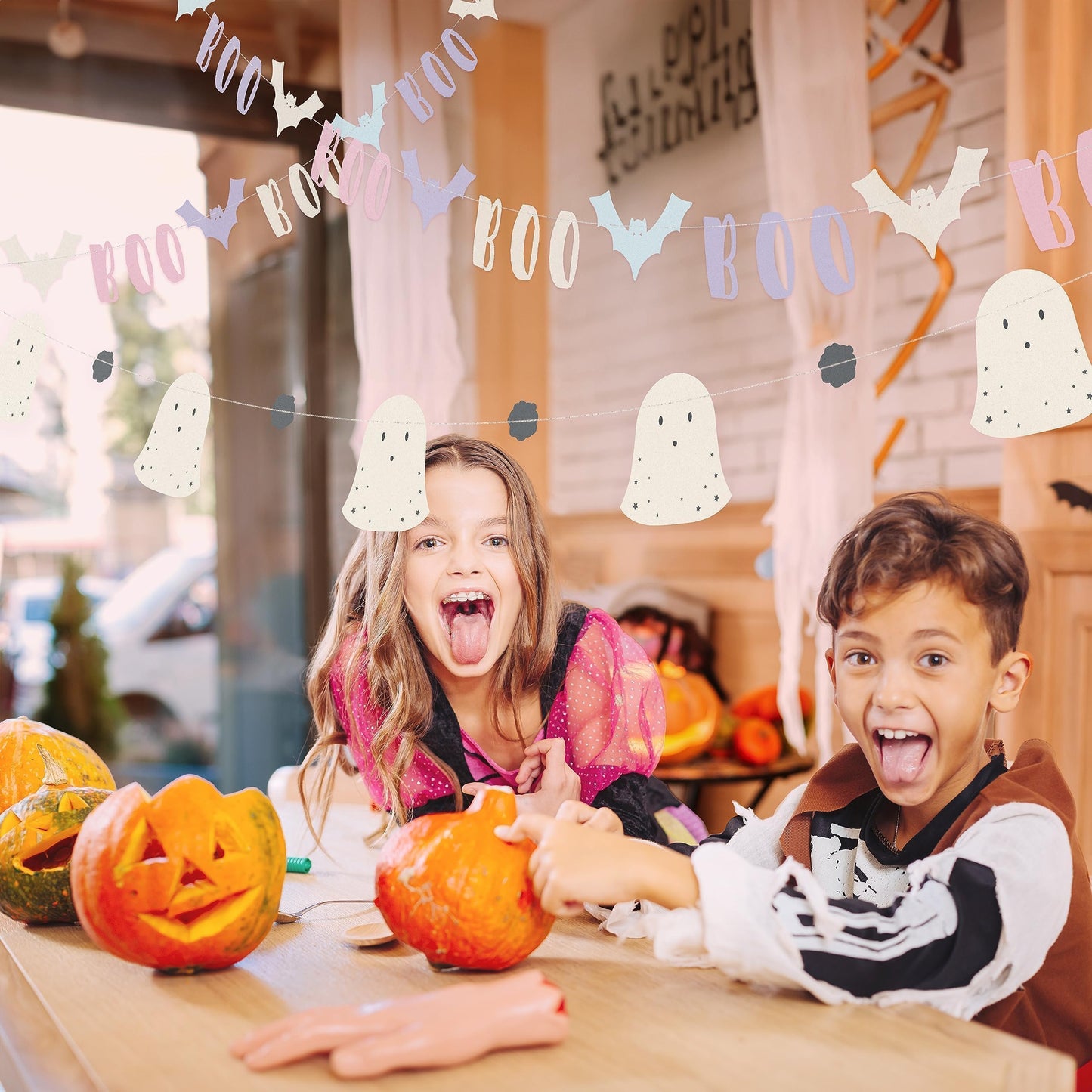 Cheerland Pastel Halloween Decorations Summerween Garland Bat Boo Ghost Pastelween Banner Hanging Photo Booth Backdrop for Cute Spooky Classroom Mantle Fireplace Baby Shower Birthday Party Decor 2pcs