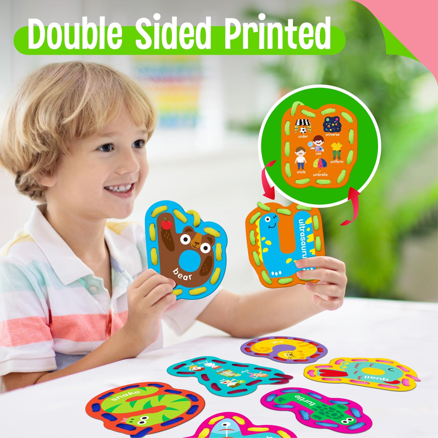 SpriteGru 26PCS Alphabet Lacing Cards, Lowercase Letters Sewing Kit with 26 Double-Sided Cards and 26 Colorful Laces Alphabet Learning Toy Motor Skills Art Crafts for Toddlers, Kids, Students