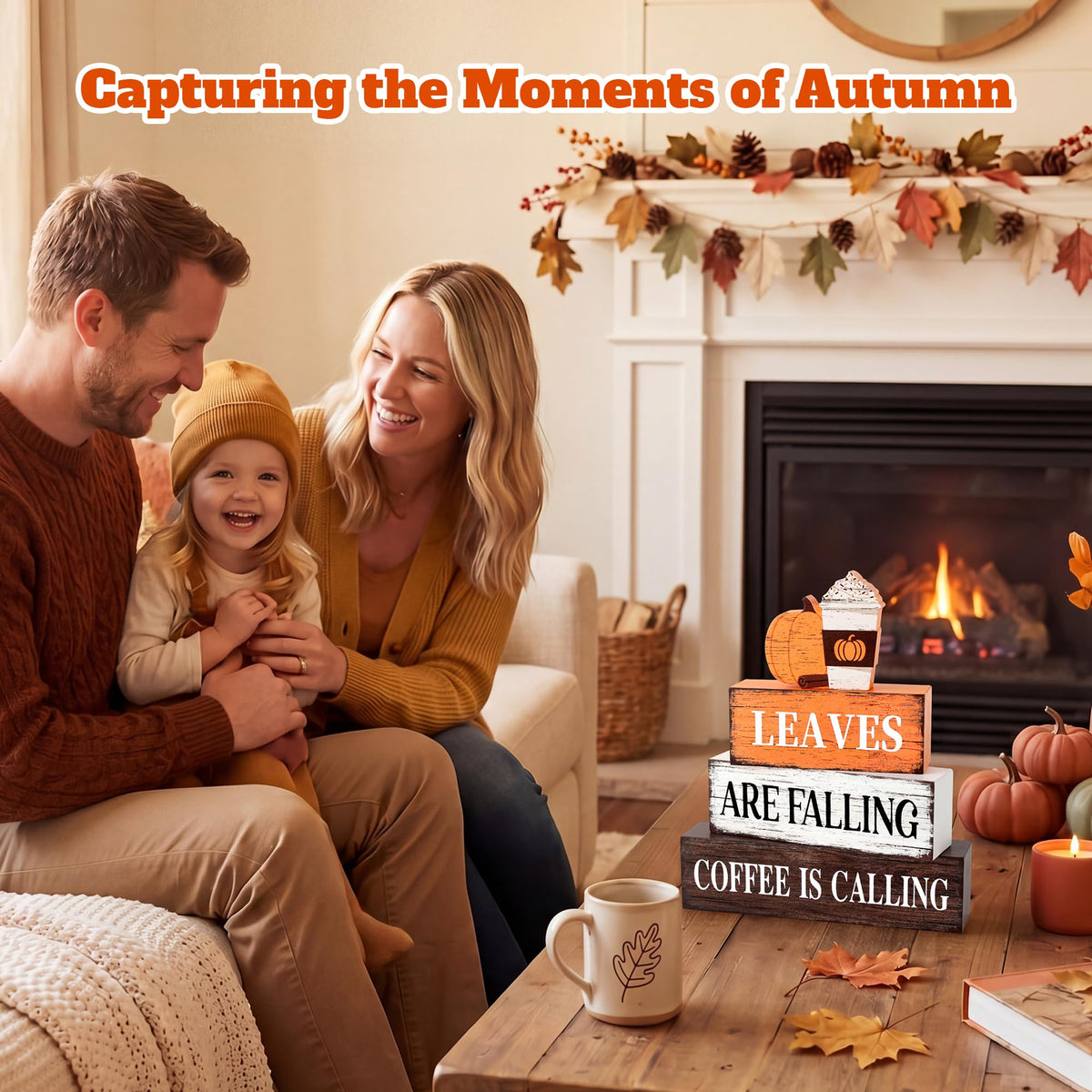 4 Pcs Fall Decor Wooden Tiered Tray Decor, Pumpkin Coffee Fall Decorations Gifts for Home, Autumn Thanksgiving Table Centerpiece for Autumn Harvest Party Kitchen