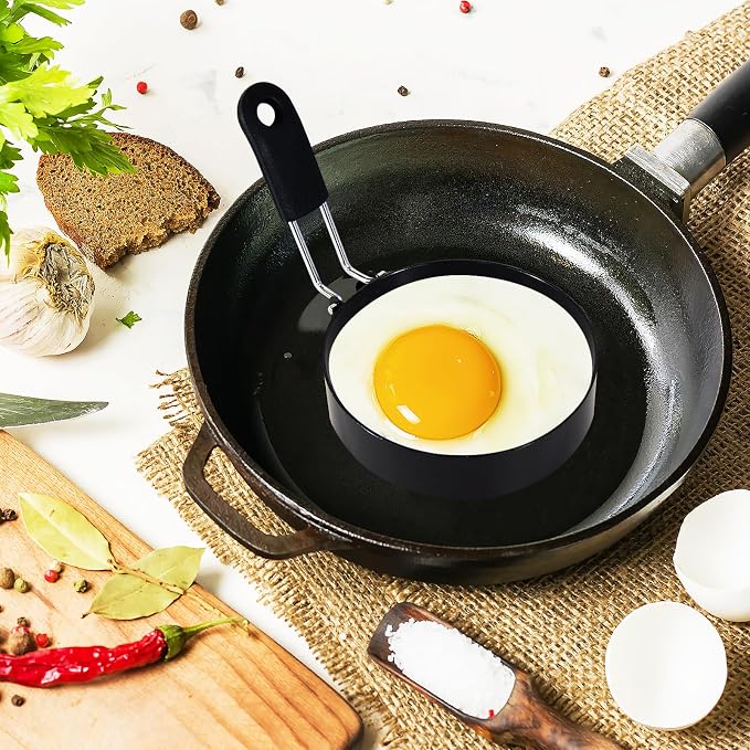 2-Pack Round+Heart Egg Rings Set with Silicone Handle, Stainless Steel Egg Cooking Rings,Nonstick,For Frying Eggs and English Muffins Pancake, Egg Mold Shaper For Breakfast