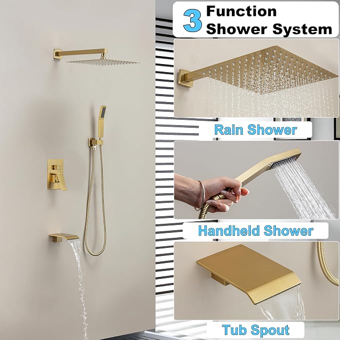 Brushed Gold Shower System with 10-Inch Rain Showerhead and Tub Spout | cUPC-certified pressure balance brass valve to prevent scalding, CEC-certified air injection technology for low pressure