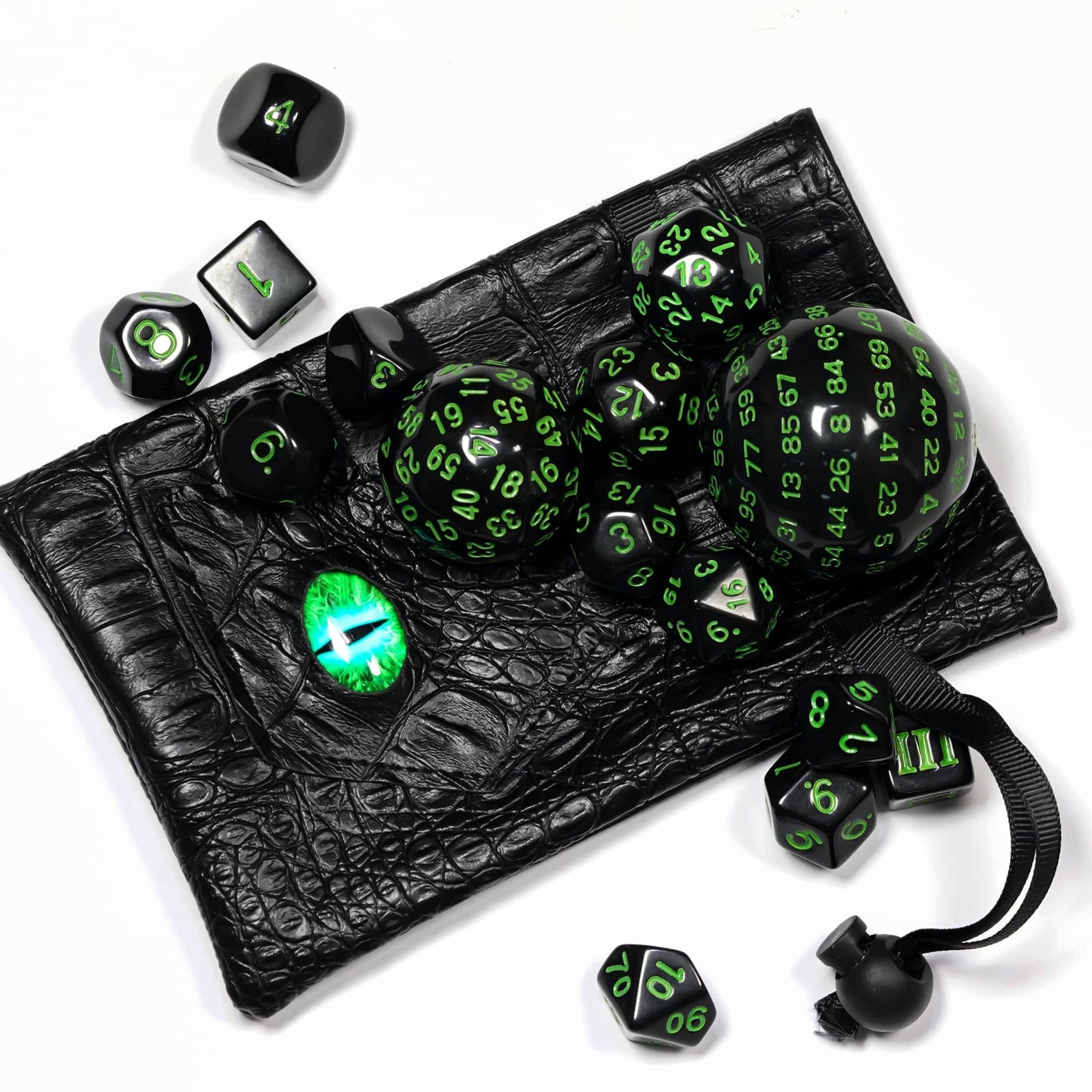 Poludie 15 Pieces Complete Polyhedral DND Dice Set D3-D100 Spherical D&D Dice Set with Dragon Eye Dice Bag, D100 Dice for Dungeons and Dragons, RPG Table Games(Black w/Green Numbers)