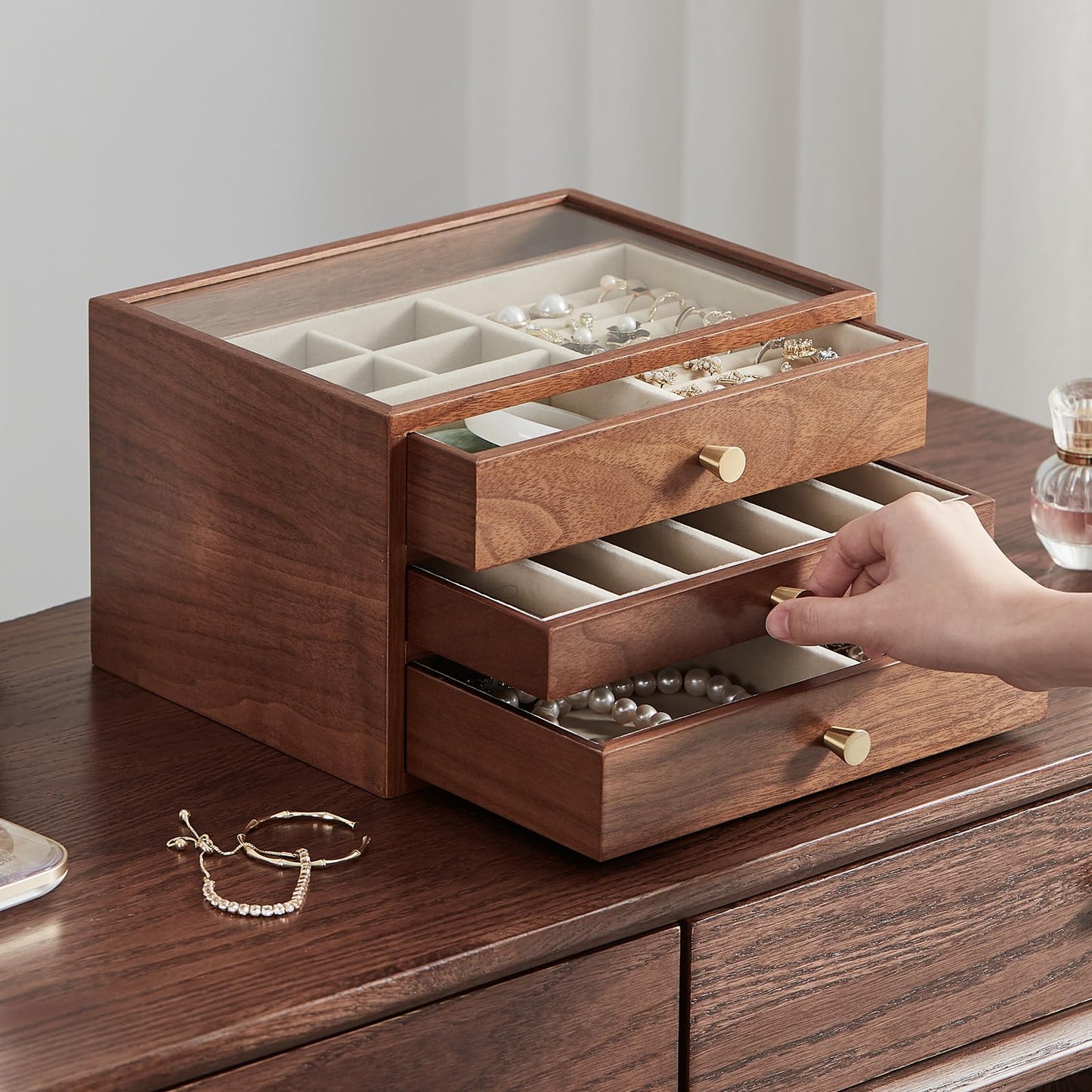 CHOSIN Black Walnut Wooden Jewelry Box for Women, 3-Layer Wood Jewelry Organizer with Glass Lid for Watches, Necklaces, Rings & Earrings Storage, Ideal Gift for Her, Fathers Day Gift