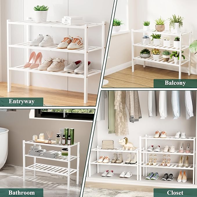 Smiry Bamboo Shoe Rack, 2 Tier Free Standing Wooden Shoe Organizer, Stackable Wood Shoe Storage Shelf for Closet, Entryway, 12 Vertical Slats, One-piece Standard Legs, 26.8"x11"x13", White