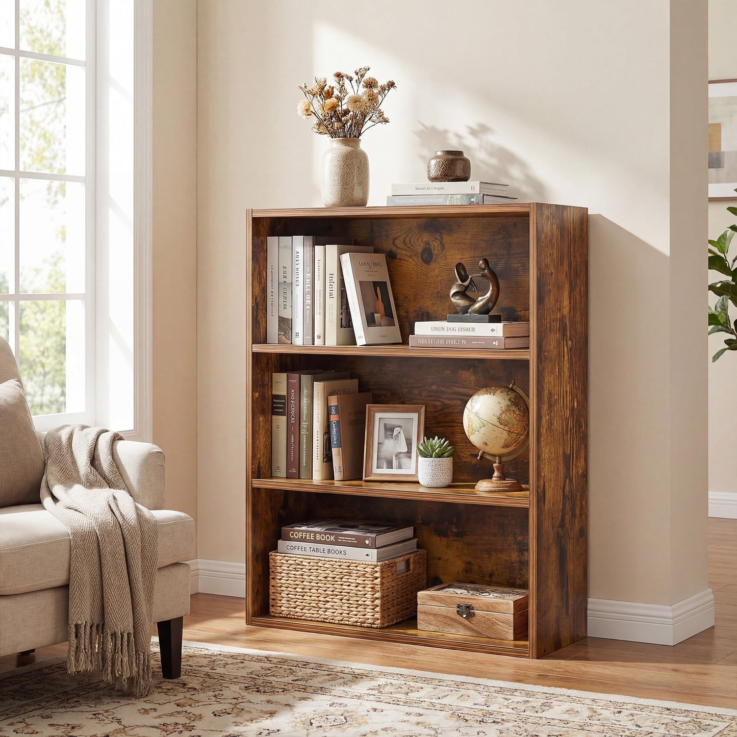 Alpen Book Shelf, 3 Shelf Bookcase Floor Standing Shelves for Bedroom, Wooden Short Bookshelf with Storage Adjustable Small Bookshelf for Small Spaces, Living Room, Rustic Brown