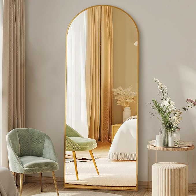 NEWBULIG Arched Mirror Full Length, 58"x19" Body Wall Mirrors with Shatter-Proof Glass, Upgraded Floor Standing Mirror, Hanging or Leaning, with Stand Aluminum Alloy Frame for Home Decor, Gold