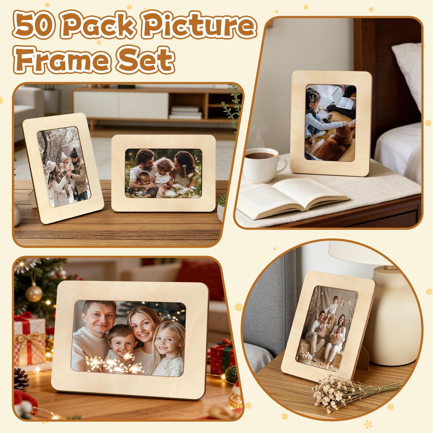 VOKOY 50 Pack Wooden Picture Frames for Crafts, DIY Wood Craft Picture Frames Bulk for 4" x 6" Photos,Unfinished Standing Photo Frames DIY Crafts Wood Decorate for Father's Day Birthday Party Gifts
