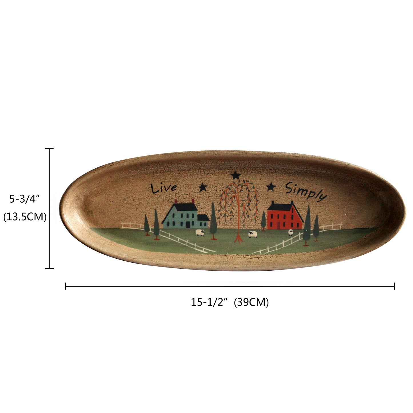 CVHOMEDECO. Primitive Rustic House Willow Tree Sheep Wood Decorative Plate Oval Crackled Display Wooden Plate Home Décor Art, 15-1/2 X 5-3/4 Inch