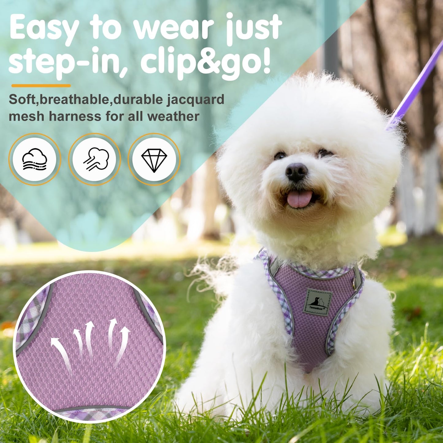 TomteNisse Dog Harness and Leash Set - No Pull Soft Breathable Small Dog Harness, Adjustable Reflective Step in Vest for Puppy, Kitten, Cats
