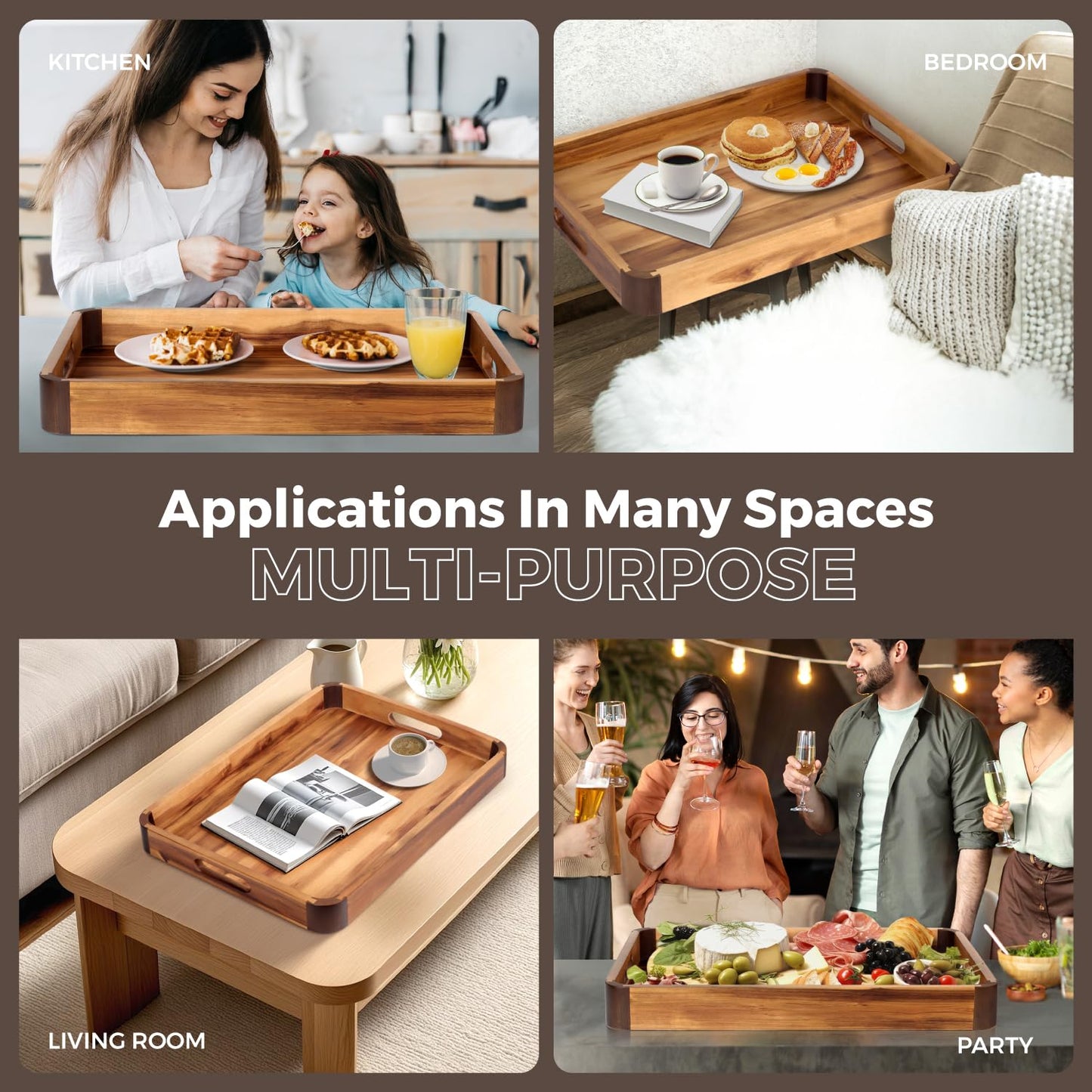 17 x 13 Inch Acacia Wood Serving Tray with Handles, Decorative Wooden Tray Featuring Dark Walnut-Tone Curved Corner Accents for Coffee Table, Ottoman & Kitchen Counter...