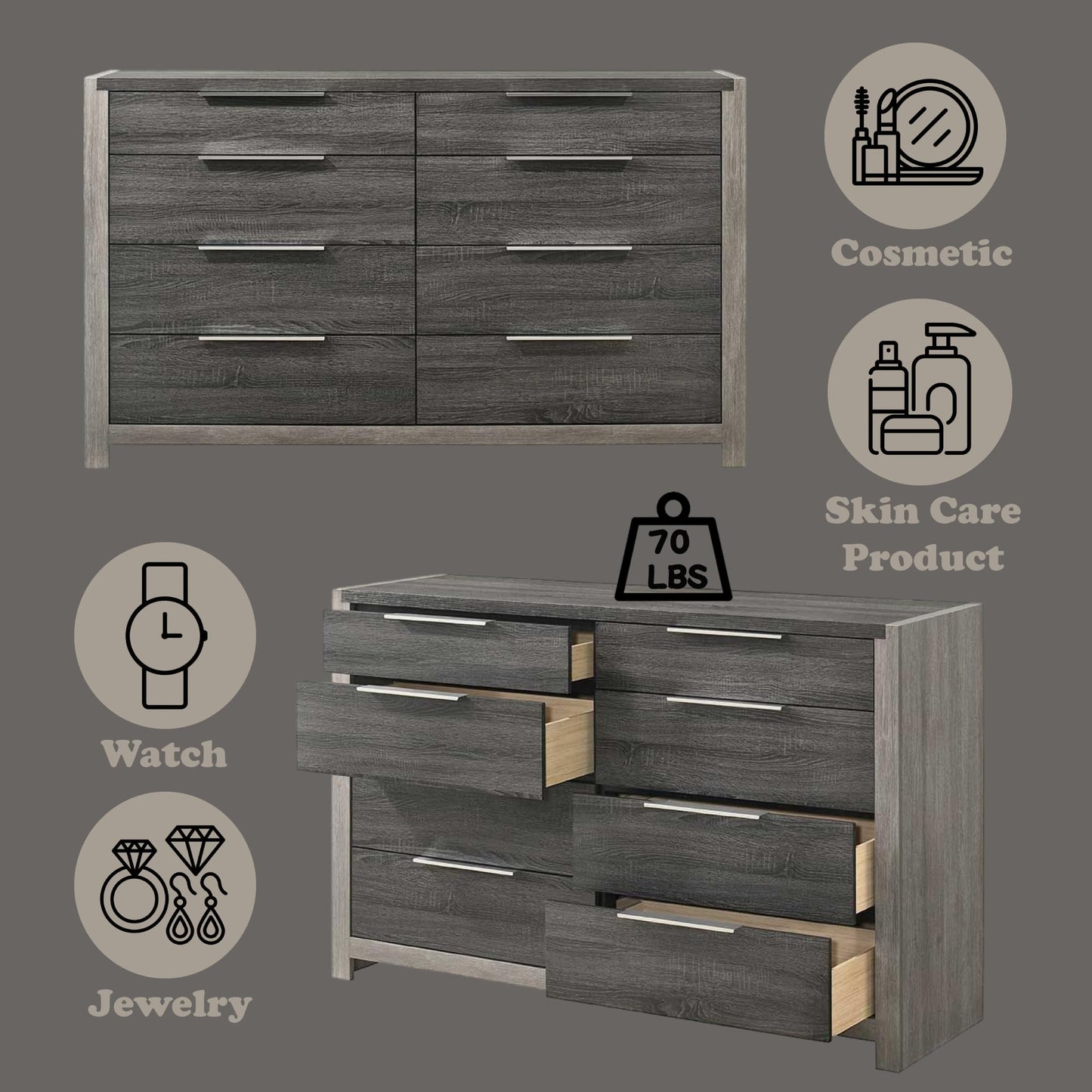 Acme Casimiro Transitional Wood 8-Drawer Rectangular Dresser in Gray