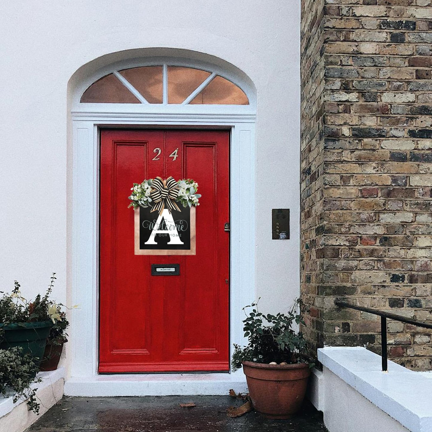 Last Name Front Porch Decor - Welcome Sign With 26 Letter Monogram (H) - Outdoor Decorations for All Seasons