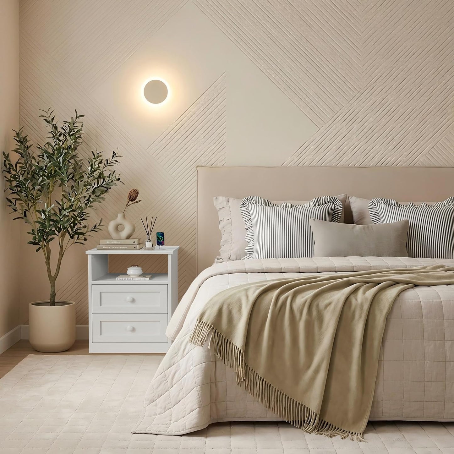 White Wooden Nightstand with Charging Station - Framhous Led Night Stand with 2 Drawers Modern Bedside Table for Bedroom Wood End Table with Lights and Storage