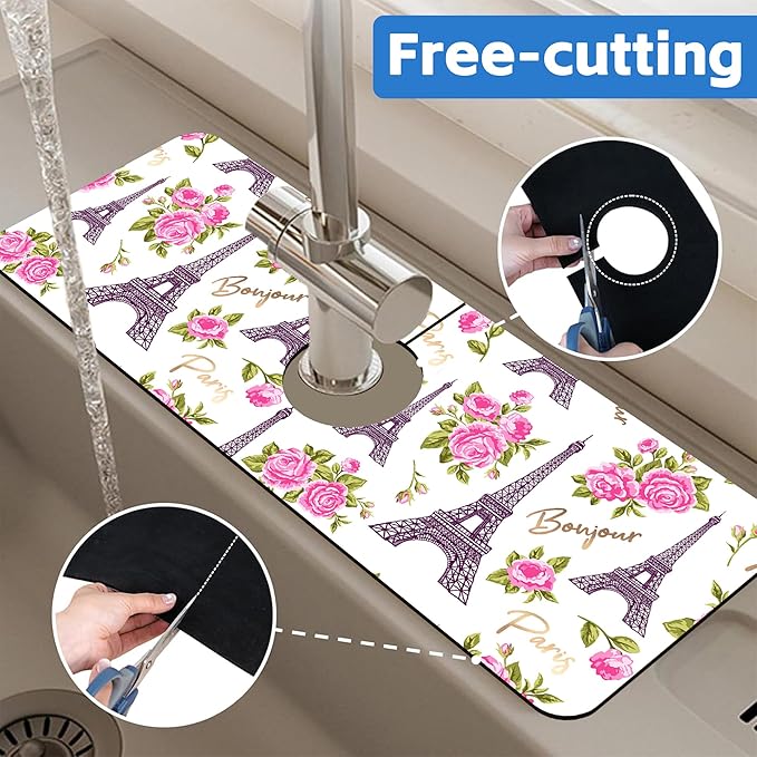 Romantic Eiffel Tower Roses Kitchen Sink Splash Guard Mat Absorbent Fast Drying