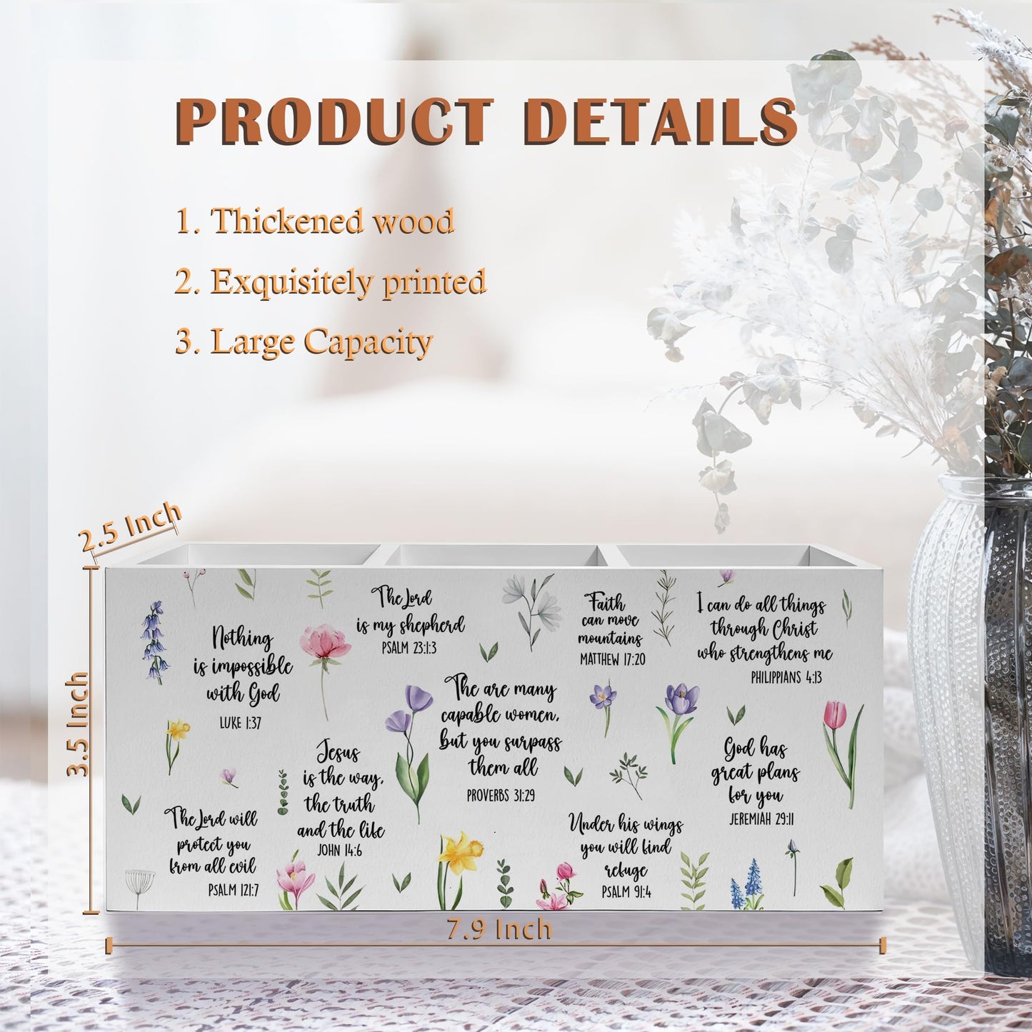 Exqcom Inspirational Floral Bible Verses Pen Pencil Holder, Christian Office Desk Decor, Religious Scripture Pencil Pen Holder Organizer for Home Office, Desk Accessories for Women